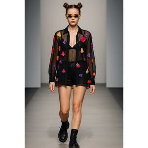 Vintage Y2K Dolce & Gabbana Silk Sheer Button Down Blouse 4 Floral Appliqué 40